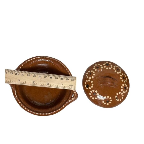 Handmade Terracotta Lidded Bowl | Mexican Folk Pottery Cazuela Repaired Handle - Picture 7 of 9
